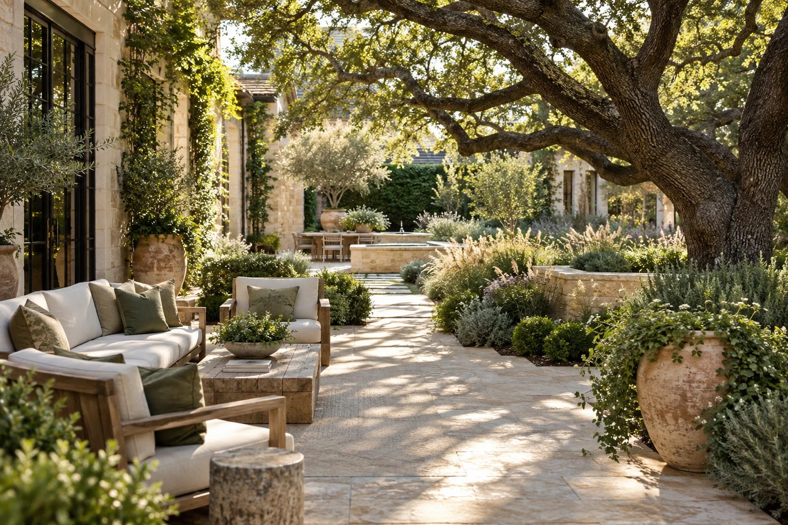 AI-created illustration of a shaded Texas-inspired courtyard garden.